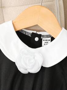 Baby Girls' Elegant Two-Tone Peter Pan Collar Floral Decor Romper, Summer - Black - View 4