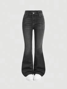 SHEIN Girlism 少女休闲街头深色刺绣拼布口袋喇叭牛仔裤 - 深灰色 - 查看 2