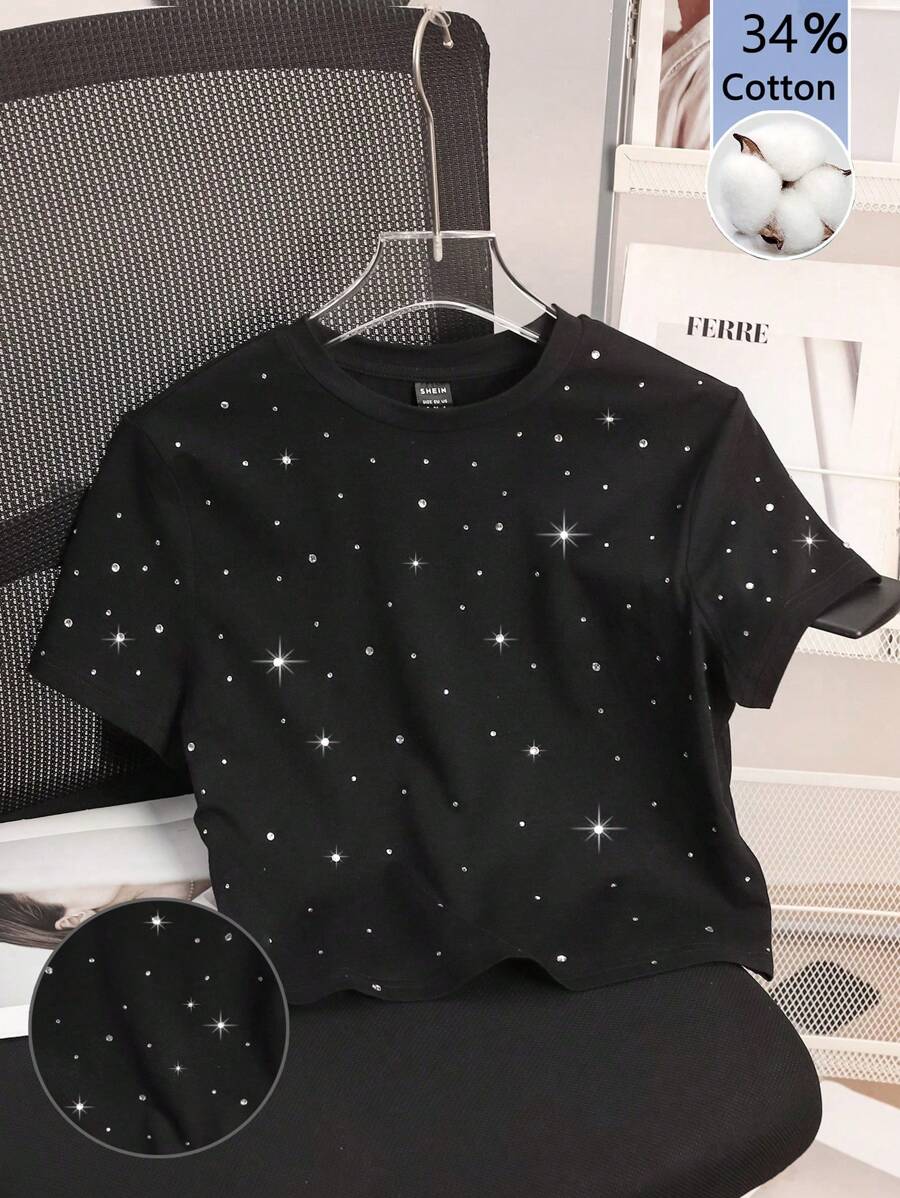 Attitoon 休闲简约图案圆领短袖短款修身女式T恤，适合夏季，带真钻 - 黑色 - 查看 1