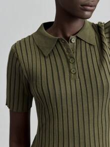 Ontre 2025秋季纯色Polo领针织衫和抽绳长裤套装，复古风格，简约都市通勤装，短袖针织衫，休闲时尚商务休闲女装，圣诞节服装，秋冬新年服装 - 軍綠色 - 查看 6