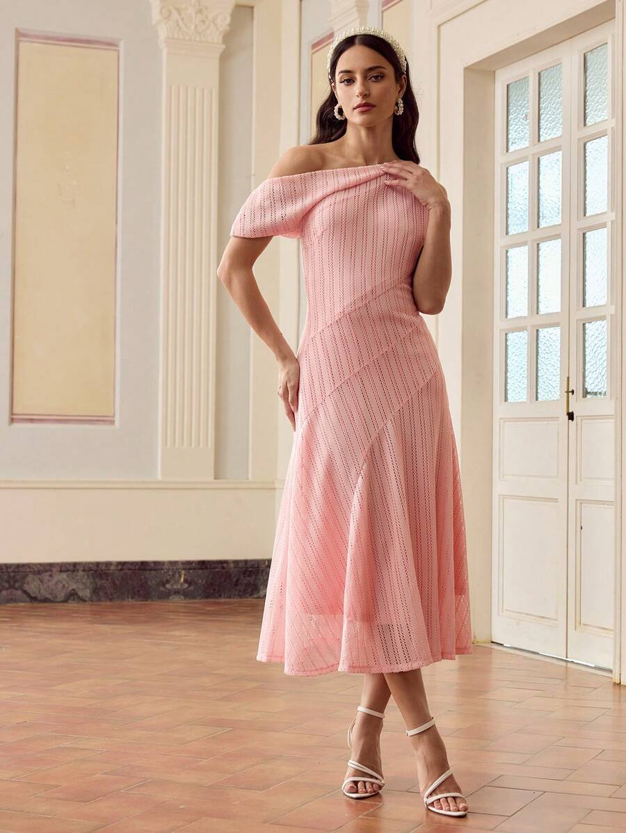 ZEYLAH 纯色网眼针织翻领不对称肩部喇叭下摆长连衣裙 - 粉色 - 查看 1