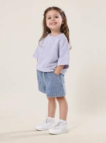 SUMWON Pantaloncini di jeans a penzolo per bambine, corti estivi casual con vita elastica e dettagli di cucitura frontale, pantaloncini da gioco per bambini - Blu - Visualizzare 6