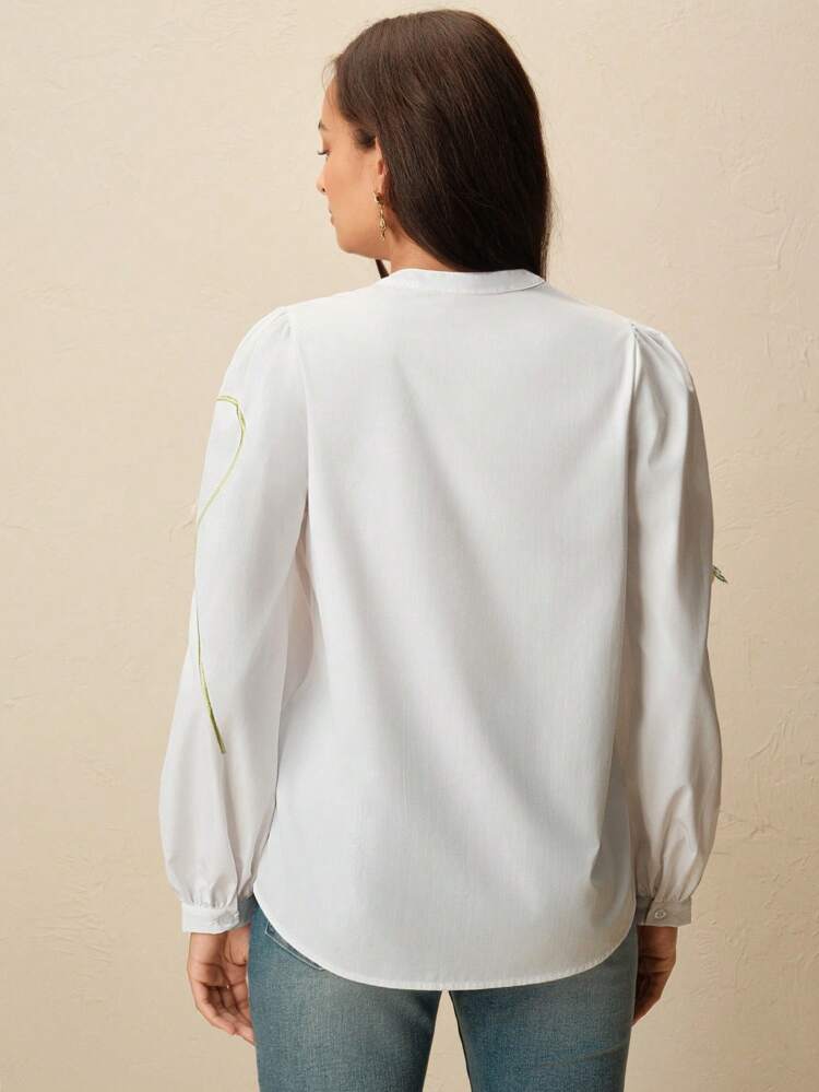 Spring/Summer 3D Floral Embroidered Fashion Resort Style Lantern Sleeve Loose Casual Round Neck Long Sleeve Blouse