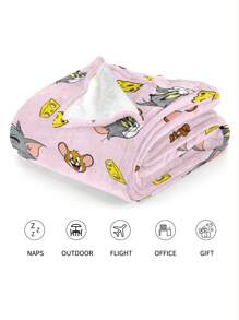 TOM & JERRY X SHEIN Cartoon Pattern Coral Fleece Blanket, Super Soft Plush Throw, Warm Fluffy Blanket For Sofa Or Bed, Perfect Gift For Fans, Machine Washable & Skin-Friendly - Baby Pink - View 4