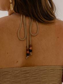 Aralina Áo thun cổ yếm xếp nếp Curve Plus Size Slim Fit hở lưng buộc dây khi đi chơi - Màu Khaki - Xem 4