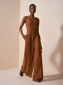Zivah 20  Summer New Arrivals Music Festival Graduation Style Casual Linen Blend V-Neck Sleeveless Wrap Belt Pocket Wide Leg Jumpsuit - Brown Texture/ V Neck Jumpsuit/ Elegant Jumpsuit/ Brown Jumpsuit - Brown - View 5