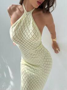 Aloruh Đầm len hở lưng khoét sâu gợi cảm mới cho nữ phong cách nghỉ dưỡng bãi biển - Màu vàng - Xem 8