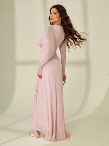 SHEIN Tall Nuevo vestido elegante con volantes, lazo decorativo, flores 3D, y escote profundo en V de malla sexy - Rosa - Ver 2