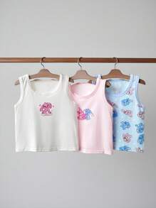Set da 3 canottiere in cotone morbido senza maniche con stampa carina 'Love' a coniglietto, colori rosa e blu, per ragazze giovani