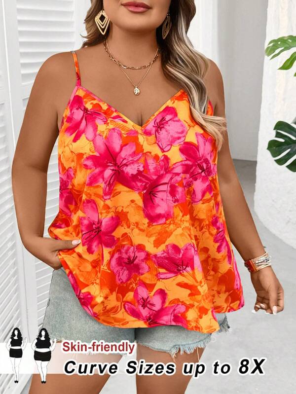 SHEIN CURVE+ Canotta con stampa floreale per taglie forti, ideale per outfit estivi, da campagna, per vacanze al mare/spiaggia/abbigliamento da spiaggia