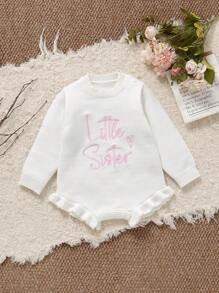 SHEIN Áo len trắng thường ngày cho bé gái thêu chữ Anh, áo liền quần dệt kim hở vai viền bèo nhún, mềm mại và thoải mái cho hàng ngày, đi chơi, du lịch, ngày lễ, ở nhà, nhà trẻ, giờ chơi - trắng - Xem 7