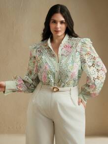 Anewsta Camicia elegante da donna per vacanze, collo alla coreana, stampa floreale in pizzo, manica lunga, con inserti in pizzo e volant sulla gonna, adatta per l'estate