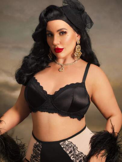 PinupPomp Plus Size Black 3/4 Cup Underwire Lace Satin Romantic French Uplifting Bra