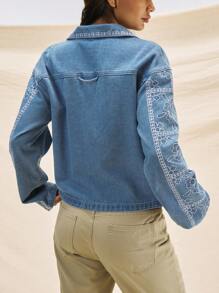 Easelle 女士休闲花卉刺绣牛仔夹克，适合春秋季 - 藍色 - 查看 9