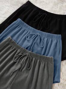SHEIN 3件套女士纯色抽绳腰休闲短裤女短套装短裤休闲套装2件套短裤女士短裤舒适曲线短套装 - 彩色 - 查看 6