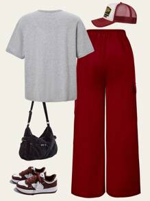SHEIN Explorewe 2 件套 Tween 女童印花短袖上衣和工装裤春夏休闲街头装 - 彩色 - 查看 2