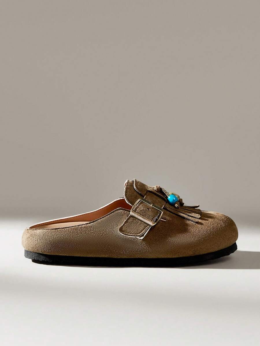 Solecia Giày bệt nữ thường ngày đa năng có trang trí tua rua - xanh quân đội - Xem 1