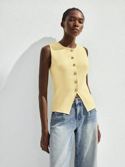 Maija Blusa de punto sin mangas con botones delanteros de unicolor, versátil, adecuada para ir a la oficina, usar como docente o en vacaciones de verano, salidas y graduaciones