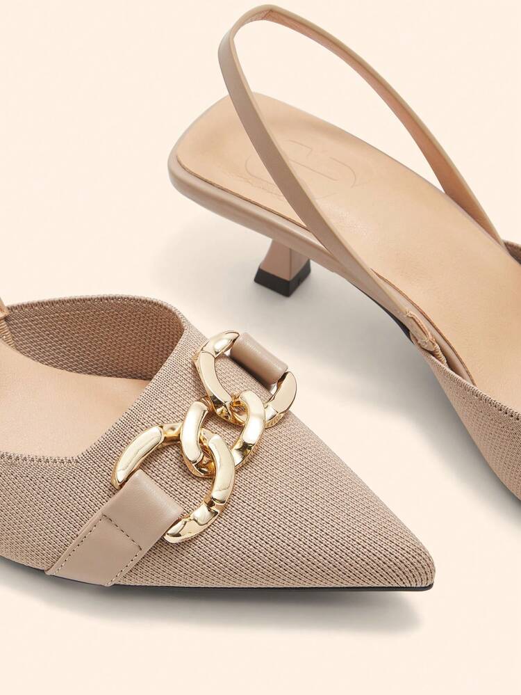 CUCCOO BASICS Women's Pointed Toe Chain Decor Knit Fabric Mid Heel Slip On Pumps, Fashionable, Comfortable, Breathable, Versatile Casual Work Shoes For Christmas Spring Shoes