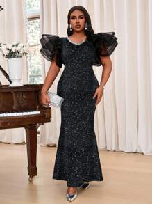 Fleurora 春夏秋冬优雅派对婚礼酒会黑色针织甜心荷叶边袖美人鱼紧身大码连衣裙女士夏季连衣裙女士夏季服装女士连衣裙女士白色连衣裙黑色连衣裙婚礼宾客连衣裙女士优雅派对连衣裙女士太阳裙大码女装女士连衣裙女士优雅正式连衣裙女士生日连衣裙女士夏季连衣裙女士正式连衣裙 - 黑色 - 查看 5