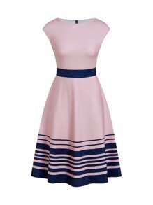 Ellevyn Đầm midi thanh lịch cổ tròn tay ngắn cạp chun cho nữ dáng chữ A in họa tiết khối màu co giãn, thích hợp mặc hàng ngày, mùa xuân/hè - Nhiều màu - Xem 3