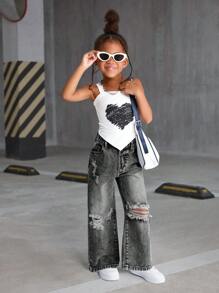 SHEIN 少女 2025 秋冬新款寬鬆 Y2K 破洞牛仔褲 復古深灰色黑色百搭街頭風時尚牛仔褲 附口袋 破洞直筒牛仔褲 休閒百搭水洗直筒牛仔褲 女孩破洞牛仔褲 女孩寬腿牛仔褲 寬鬆牛仔褲 少女牛仔褲 女孩水洗牛仔褲 校園大學風 - 淺灰色 - 查看 5