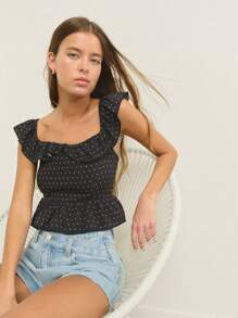 Nöista 方领荷叶边褶裥上衣，点状纹理，轻盈透气面料；完美打造海滩和休闲骄傲庆典造型，百搭机场夏季背心。 - 黑色 - 查看 5