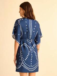 CAJUNI Women's Resort Casual Boho Navy Blue & Floral Print V-Neck Batwing Sleeve Adjustable Waist Tie Vacation Style Short Dress