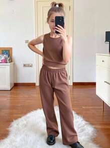 SHEIN Leap Crew 十幾歲女孩針織純色圓領無袖褶裙背心和針織長褲套裝 - 卡其色 - 查看 2