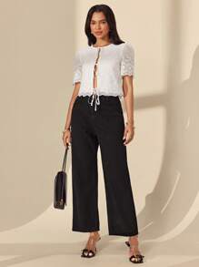 Almamuse Top décontracté à manches courtes pour femmes, de couleur unie élégant, avec col rond, appliqué brodé et ourlet en dentelle - Blanc - Voir 6