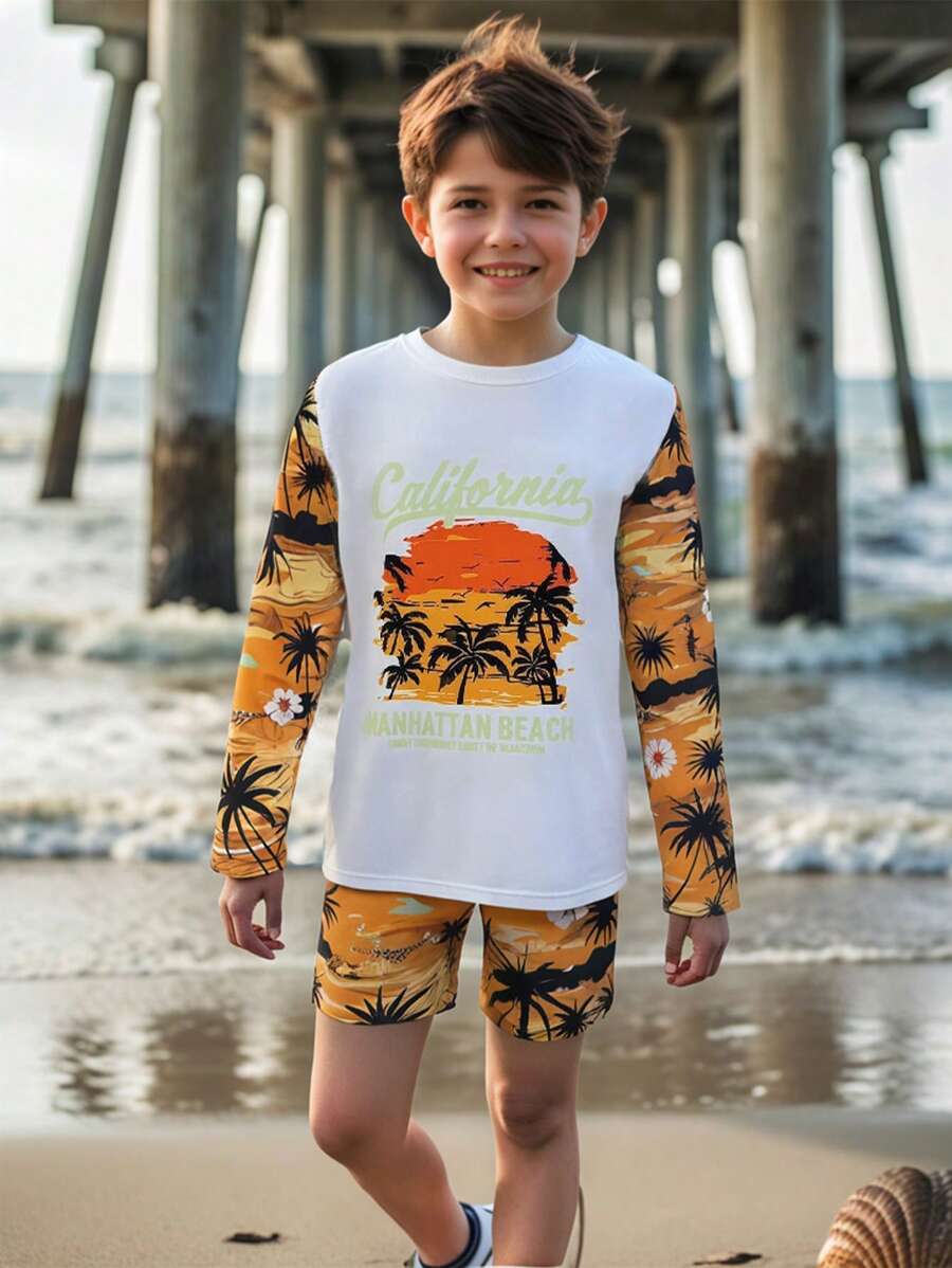 Conjunto de traje de baño de manga larga con estampado de palmeras lindo para niños, ideal para vacaciones en la playa en verano - Amarillo - Ver 1