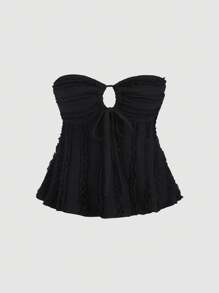 Sweetra 2pcs Textured Fabric Bandeau Top With Pleated Tie Details, Black & White Set