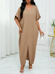 SHEIN Lady Váy midi dài tay xẻ tà bằng vải lanh dệt màu xanh lá cây giản dị mùa xuân và mùa hè Váy cỡ lớn Trang phục đi nghỉ Trang phục đi biển cho phụ nữ Trang phục đi biển cho phụ nữ Váy đi biển Váy dự tiệc cưới Váy công sở thường ngày cho phụ nữ Váy dạ hội - Màu Khaki - Xem 3