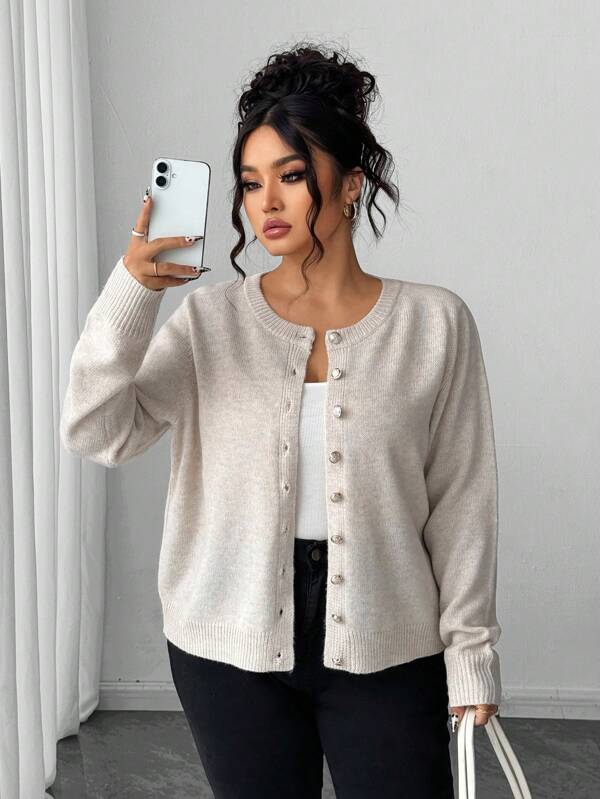 Elenzga Cardigan casual à manches longues couleur unie avec boutons dorés, grande taille