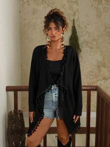 Travachic Plus Size Women Casual Loose Tassel Trim Cardigan, Long Sleeve Thin Open Front Outwear Black Cardigan Summer Cardigan For Women Black Coverups For Women  Black Tassel Cardigan,Fall Women Clothes