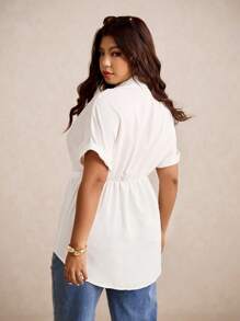 Elaquor Plus Size Casual Commuting Metal Buckle Waist Batwing Sleeve Blouse - White - View 2