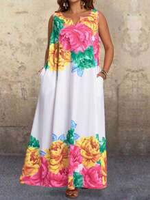 EMERY ROSE Plus Size Sleeveless Tropical Floral Jacquard Side Pockets Dress For Women, Suitable For Spring And Summer Maxi Dress With Pockets Rose Print Maxi Dress Long Summer Dress Summer Dresses For Women,Flowy Dress - Multicolor - View 1
