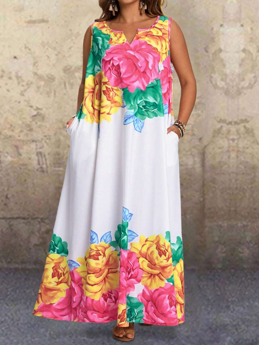 EMERY ROSE Plus Size Sleeveless Tropical Floral Jacquard Side Pockets Dress For Women, Suitable For Spring And Summer Maxi Dress With Pockets Rose Print Maxi Dress Long Summer Dress Summer Dresses For Women,Flowy Dress - Multicolor - View 1