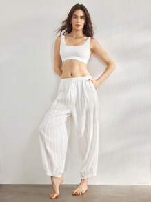 Ocili 女士休闲 100% 纯棉条纹宽松休闲睡裤家居服，秋季 - 白色 - 查看 3