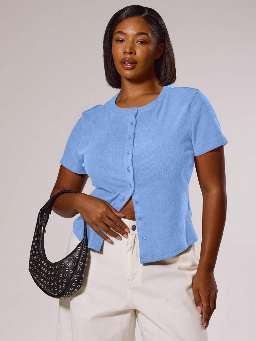 MUSERA Top ajusté à manches courtes avec boutons, élégant et chic, idéal pour les vacances et les jours fériés. Style romantique des années 90 et Y2K, parfait pour l'automne, l'hiver et Noël