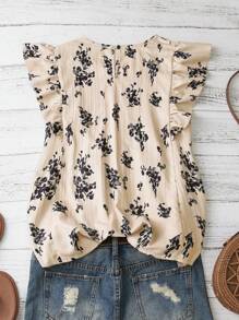 Flirla Plus Size Cute Girl Style Casual Striped Ruffle Sleeve Print Shirt - Apricot - View 2