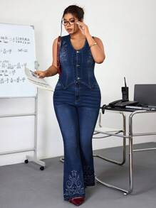 SHEIN ICON Quần ống loe thêu denim màu trơn thời trang thường ngày - Rửa tối - Xem 3