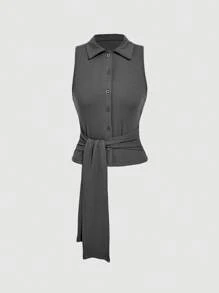 SHEIN MOD 1pc Women's Grey Single-Breasted Turndown Collar Front Tie Elegant Vest
