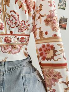 Soleia Áo cánh tay dài thắt nơ cổ chữ V sâu in họa tiết cỡ lớn cho nữ, phong cách ngày lễ mùa hè - Nhiều màu - Xem 6