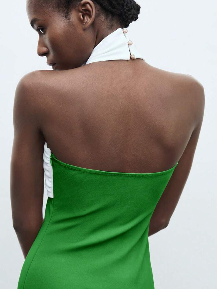 SHEIN Maija Women's Green & White Patchwork Twist Design Slim Fit Elegant Dress, Suitable For Party, Valentine's Day, Holiday Outfit, Formal Wedding Guest Dress, Brunch, Birthday