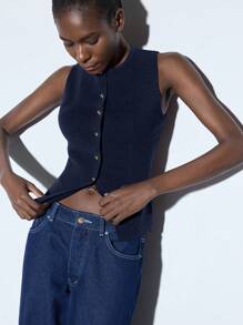 Maija Women's Casual Solid Color Sleeveless Button Front Knit Top, Business Casual Office Wear For Ladies, Suitable For Summer And Autumn Knit Top Women Summer Tops Women Knit Tops Women Knit Top Sleeveless Knit Top Teacher Outfits Tops For Going Out Business Casual Woman Office Outfits For Women Work Clothes Women Work Clothesoffice Wear Women Office Attire For Women Going Out Tops Women Casual Blouses For Ladies - Navy Blue - View 3