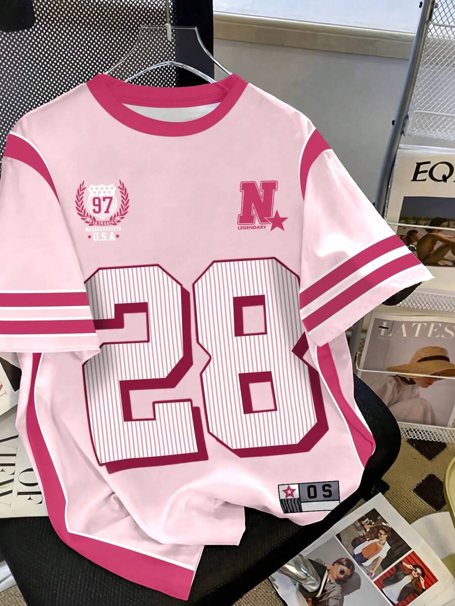 INAWLY Tricou sport pentru femei, stil universitar, cu imprimeu retro, cu puncte digitale, stil Street Sense, stil sport și colegiu - Roz - Vizualizare 1