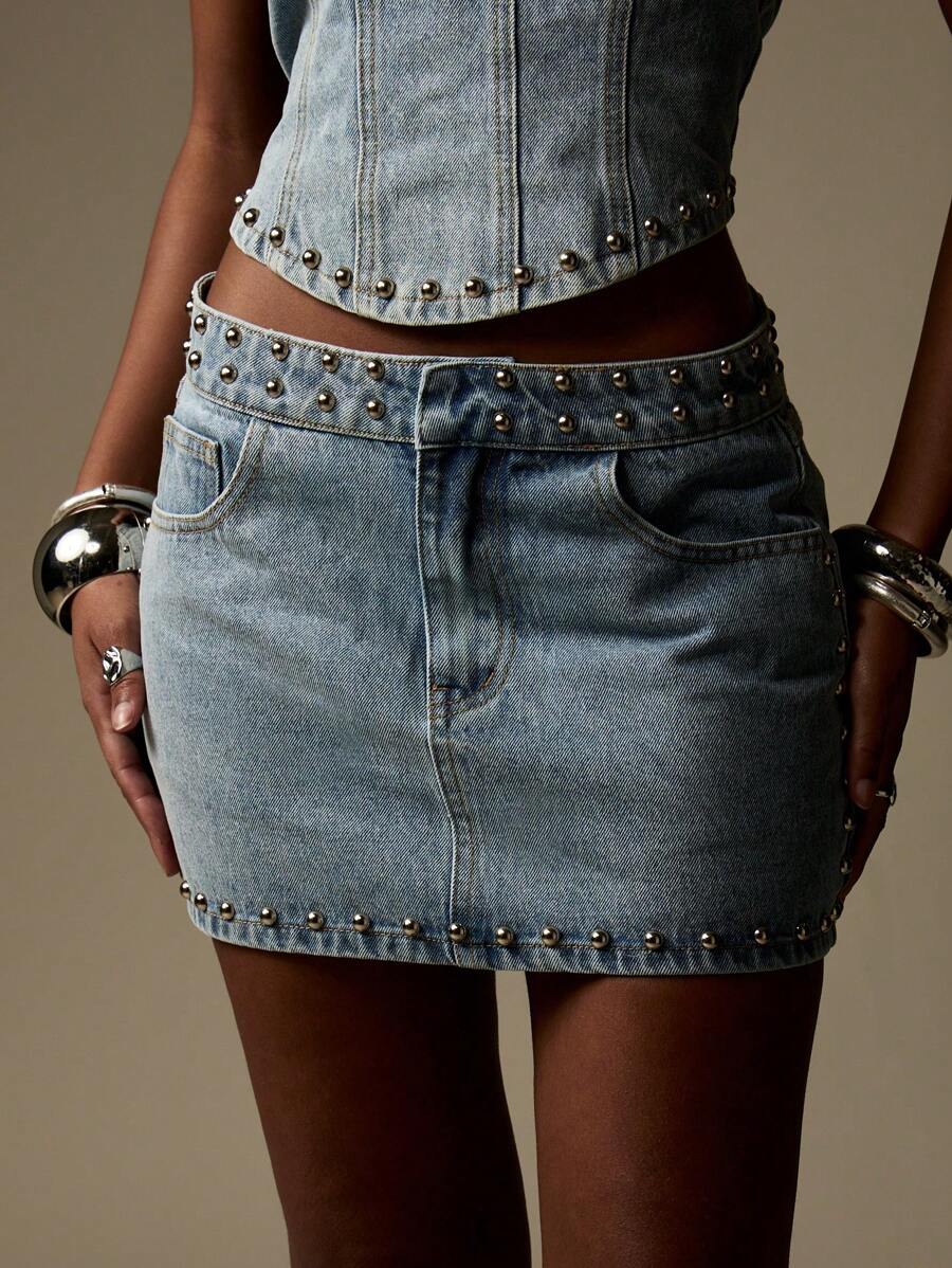 MISSGUIDED High Waisted Studded Mini Denim Skirt Festival Retro Y2K Fashion Statement Punk Rock Club Party Double Corset Style - Blue - View 1