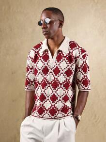 SUMWON 复古钩针 Polo 衫短袖针织上衣钻石图案复古学院风街头服饰 - 酒紅色 - 查看 5