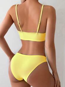 SHEIN Women's Solid Color Twist Front Halter Sexy Yellow Bikini Set, Perfect For Beach Vacation